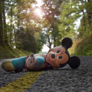 mickey mouse, stuffed toy, road, pavement, toy, plush toy, old, closeup, outdoors, mickey mouse, mickey mouse, mickey mouse, mickey mouse, mickey mouse